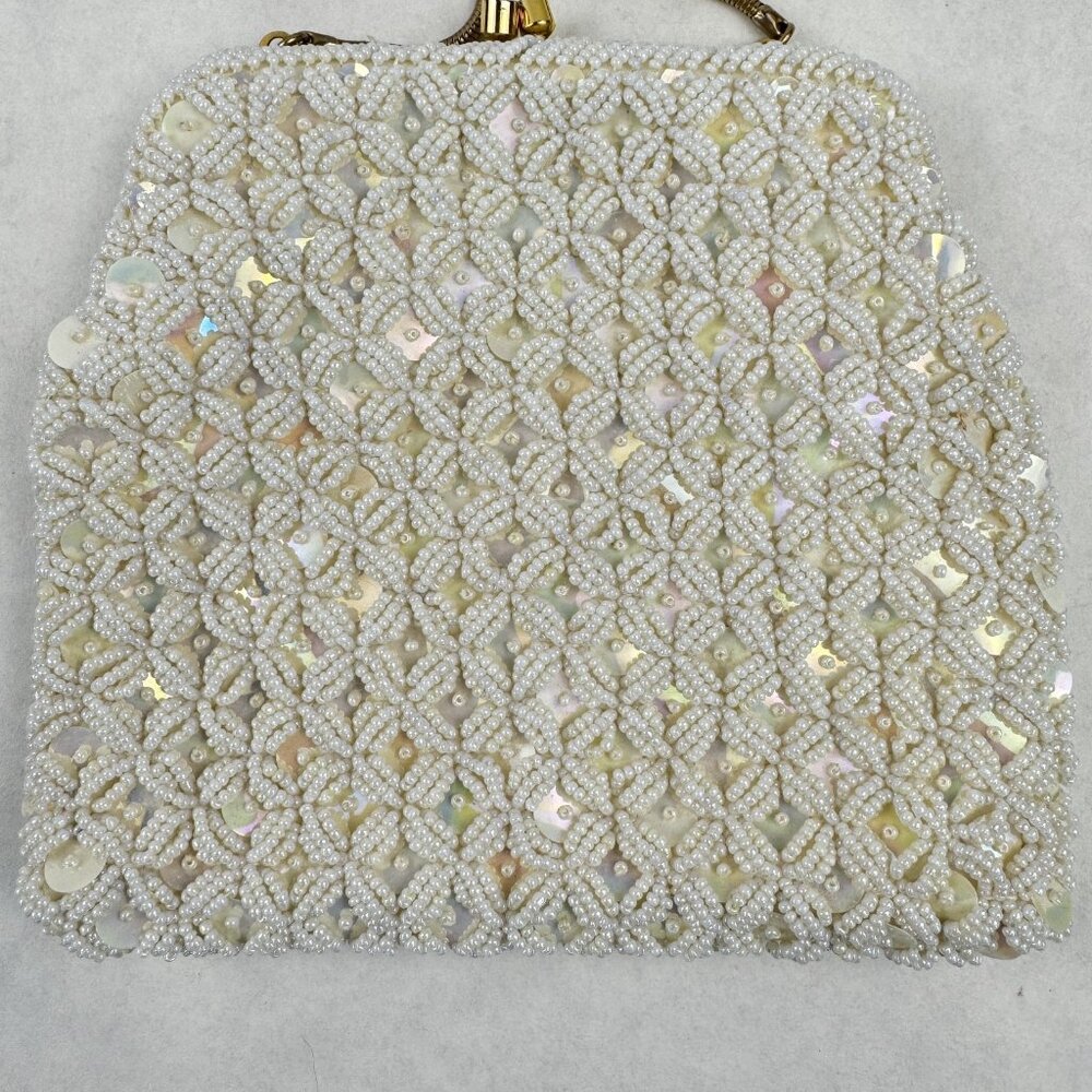 Vintage Womens White Beaded Geometric Floral Evening Bag Small Clutch Purse HK - Picture 4 of 12